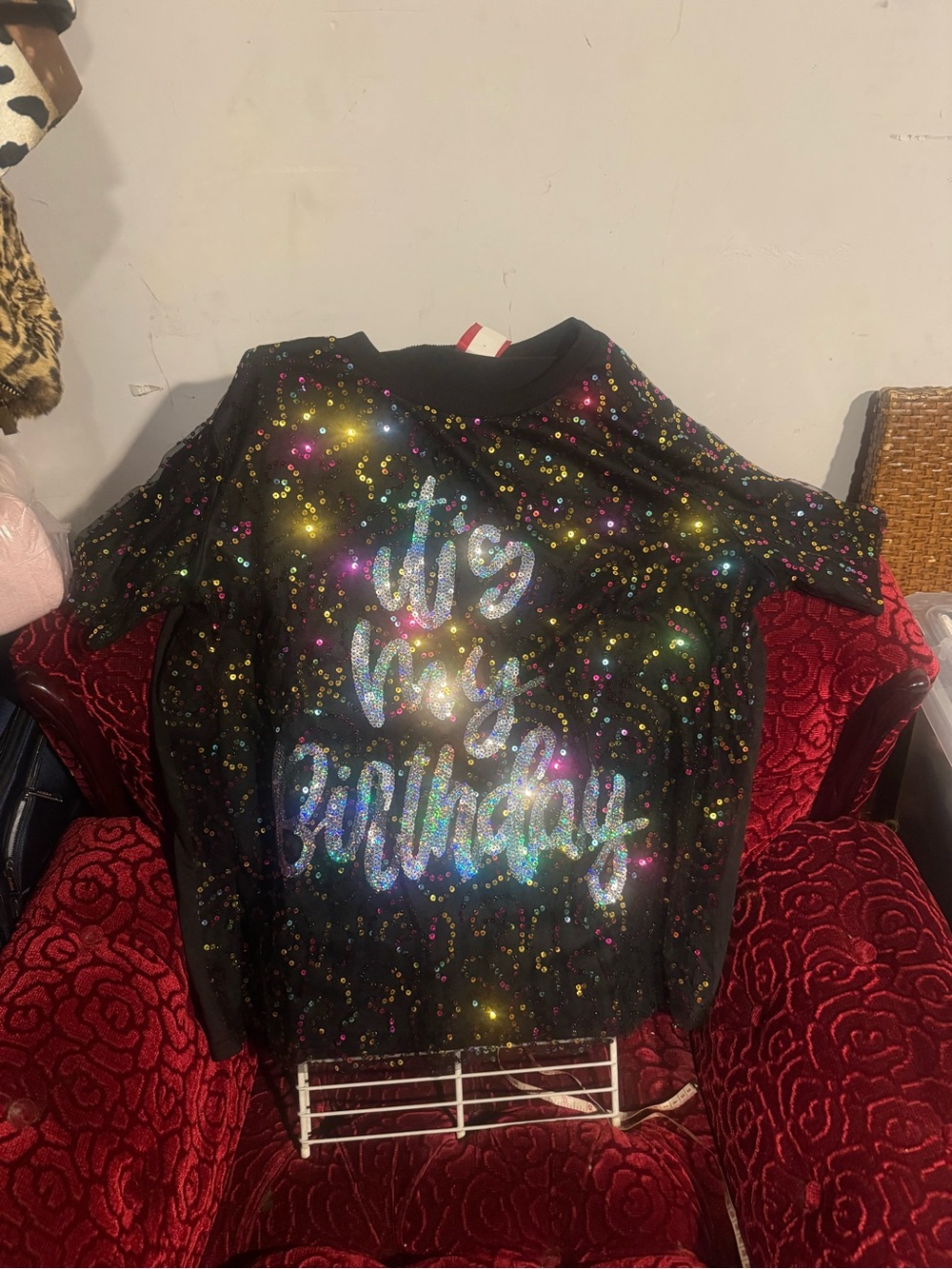 Black Sequin 'It's my Birthday' Short Sleeve Top